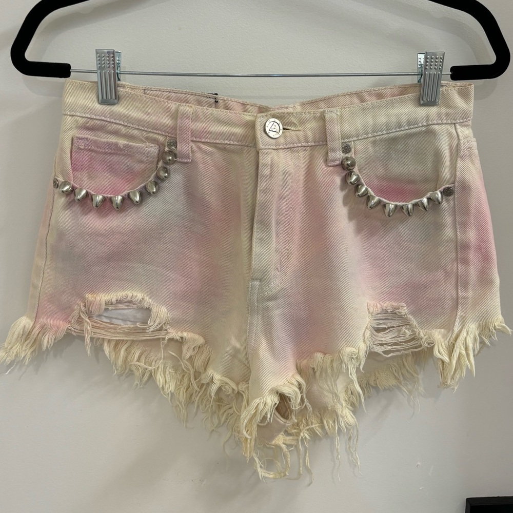 UNIF Cutoff Spike Pink White Denim Shorts
